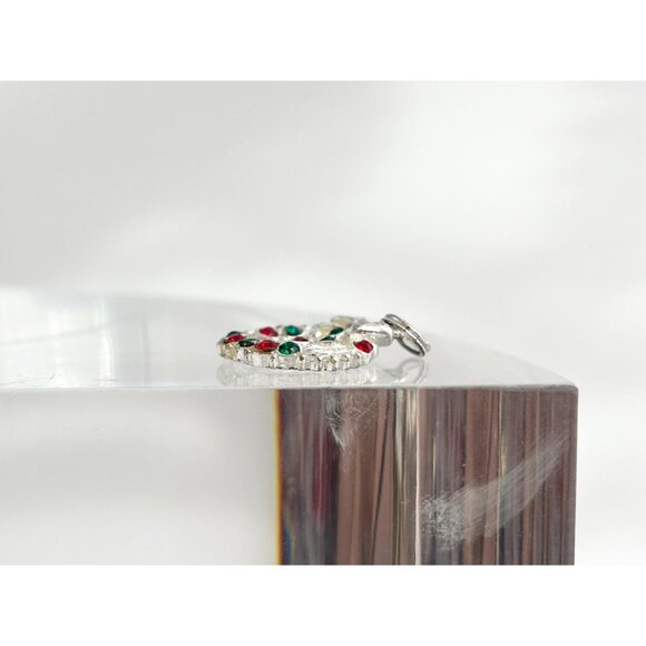Christmas Wreath Green & Red Rhinestone 925 Sterling Silver Vintage Pendant - Picture 9 of 10